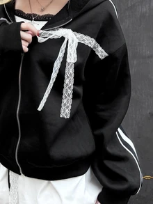 FRIFUL Sweatshirt Wanita Motif Garis-Garis Kontras Warna dengan Pita Renda untuk Musim Gugur - Hitam - View 6