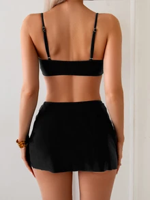 Swim Vcay Elegant Black Spaghetti Strap Bikini Set For Women With Ruched Skirt Bottom - Black - View 4