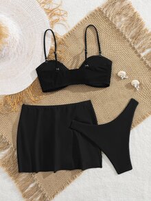 Swim Vcay Elegant Black Spaghetti Strap Bikini Set For Women With Ruched Skirt Bottom - Black - View 3