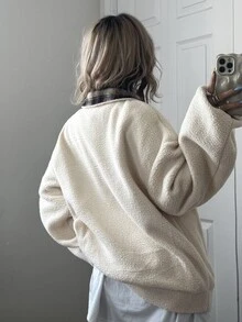 FRIFUL Women's Patchwork Plaid Button Half-Placket Long Sleeve Casual Sweatshirt Fall - Apricot - View 2