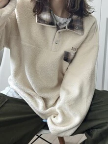 FRIFUL Women's Patchwork Plaid Button Half-Placket Long Sleeve Casual Sweatshirt Fall - Apricot - View 6