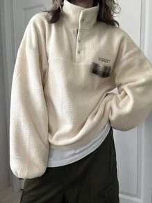 FRIFUL Women's Patchwork Plaid Button Half-Placket Long Sleeve Casual Sweatshirt Fall - Apricot - View 3