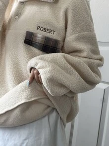 FRIFUL Women's Patchwork Plaid Button Half-Placket Long Sleeve Casual Sweatshirt Fall - Apricot - View 7