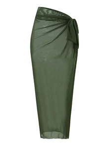 Swim Oasis 2026 New Spring/Summer Women 2pcs Solid Color One Piece Swimsuit With Mesh Maxi Skirt, Beach Resort Casual Swimwear Set - Army Green - View 5