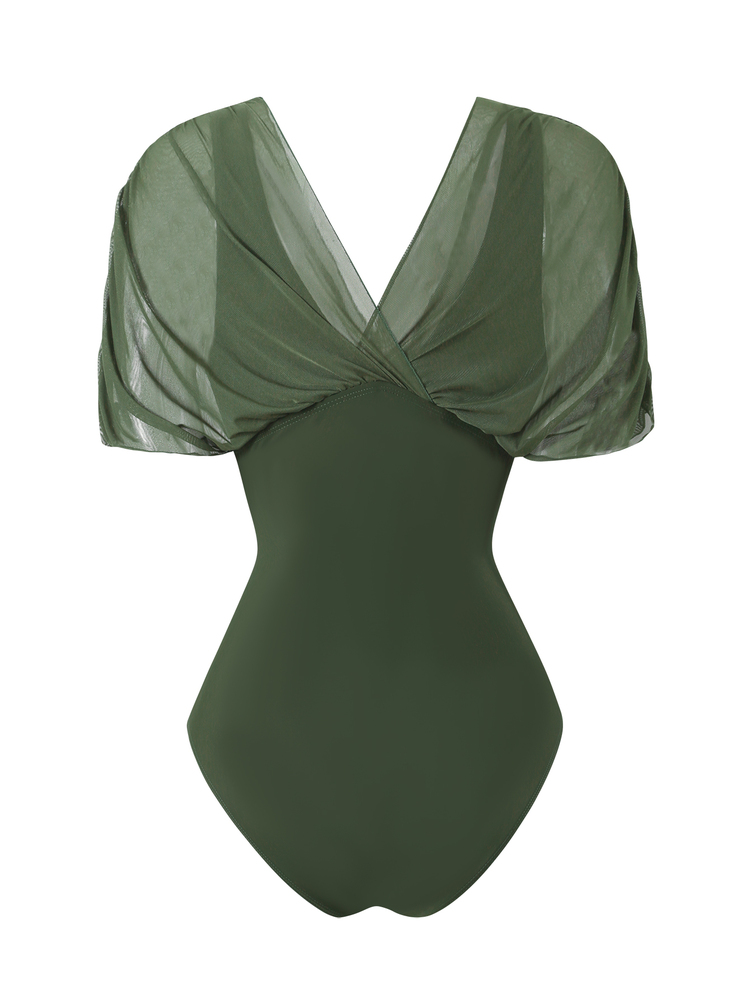 Swim Oasis 2026 New Spring/Summer Women 2pcs Solid Color One Piece Swimsuit With Mesh Maxi Skirt, Beach Resort Casual Swimwear Set - Army Green - View 4