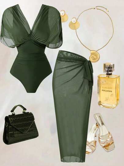 Swim Oasis 2026 New Spring/Summer Women 2pcs Solid Color One Piece Swimsuit With Mesh Maxi Skirt, Beach Resort Casual Swimwear Set