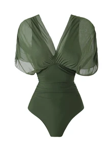 Swim Oasis 2026 New Spring/Summer Women 2pcs Solid Color One Piece Swimsuit With Mesh Maxi Skirt, Beach Resort Casual Swimwear Set - Army Green - View 3