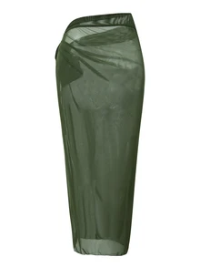 Swim Oasis 2026 New Spring/Summer Women 2pcs Solid Color One Piece Swimsuit With Mesh Maxi Skirt, Beach Resort Casual Swimwear Set - Army Green - View 6