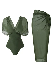 Swim Oasis 2026 New Spring/Summer Women 2pcs Solid Color One Piece Swimsuit With Mesh Maxi Skirt, Beach Resort Casual Swimwear Set - Army Green - View 7