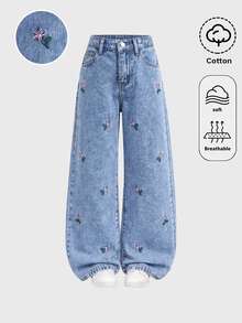 SHEIN Girlism Girls' Blue Denim Loose Fit Long Pants With Floral Embroidery Pattern - Blue - View 2