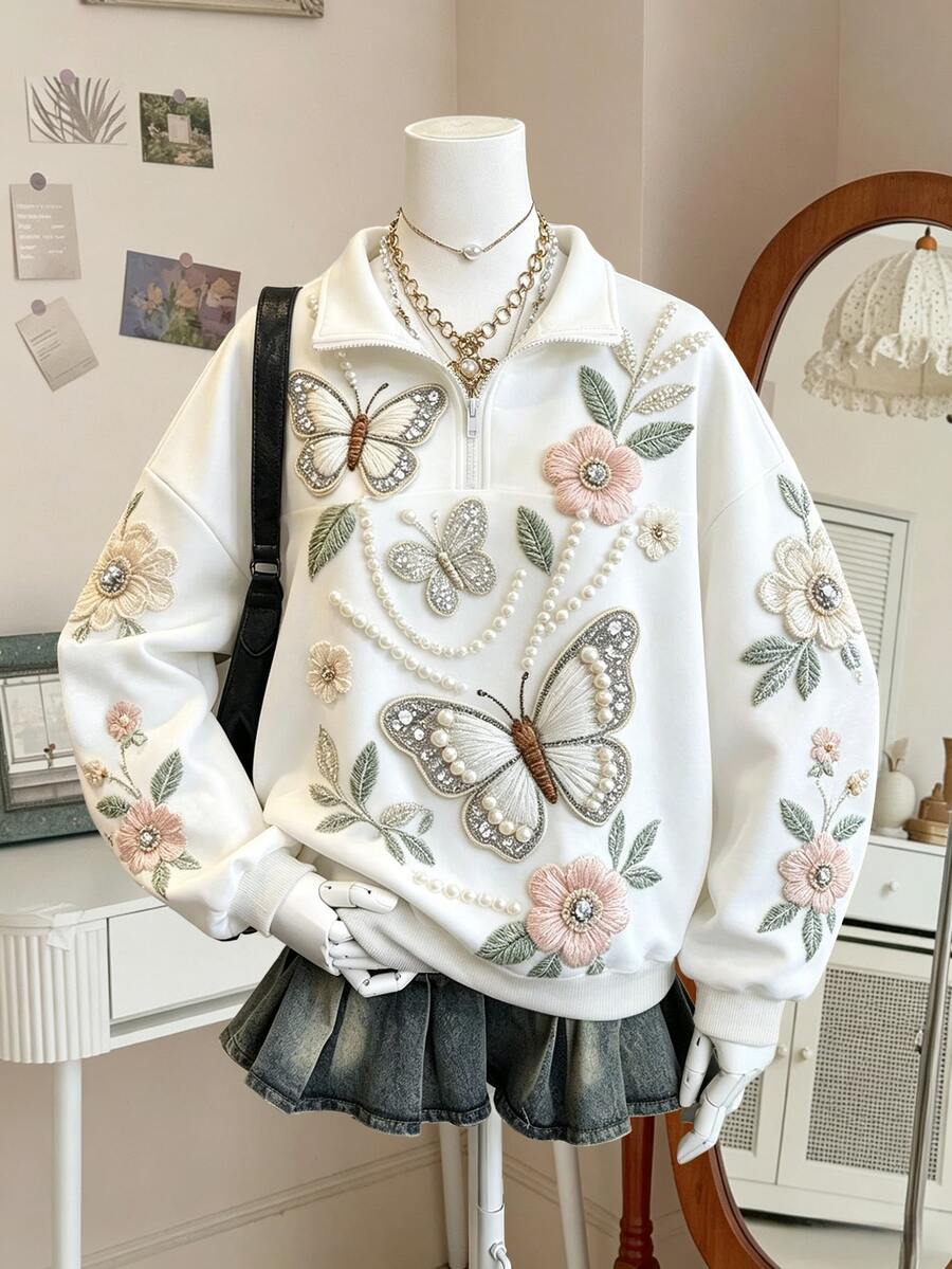 Lalippa 女款休閒花卉與蝴蝶印花運動衫,秋冬款 - 彩色 - 查看 1