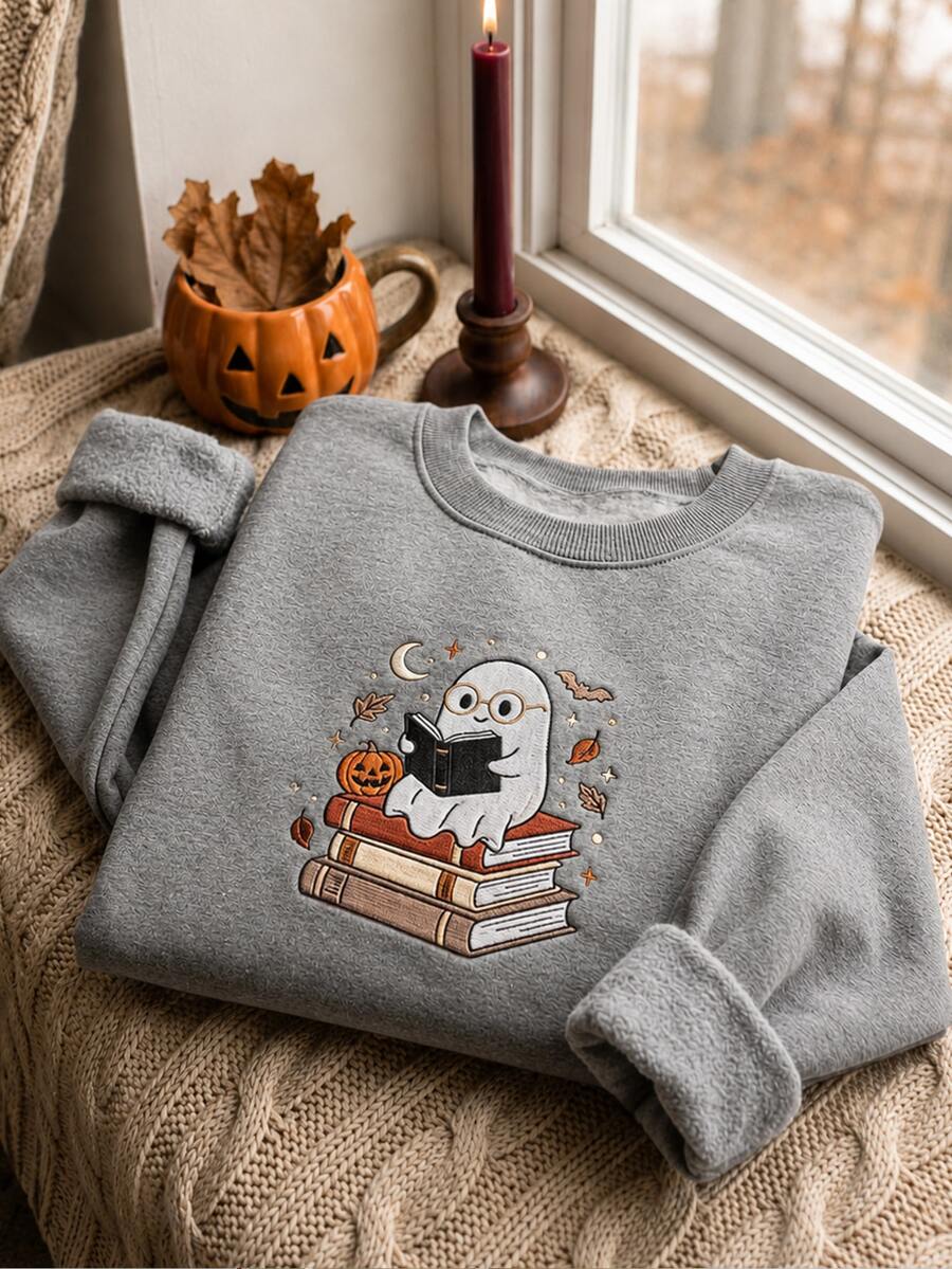 Resyla Sweatshirt Fleece Bordir Hantu Halloween Wanita - Light Grey - View 1