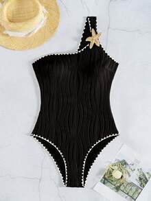 Swim Basics 女款性感單肩貝殼荷葉邊海星裝飾連身泳衣，修身黑色夏季海灘度假泳衣 - 黑色 - 查看 2