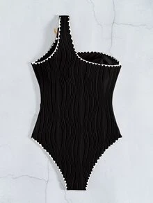 Swim Basics 女款性感單肩貝殼荷葉邊海星裝飾連身泳衣，修身黑色夏季海灘度假泳衣 - 黑色 - 查看 4
