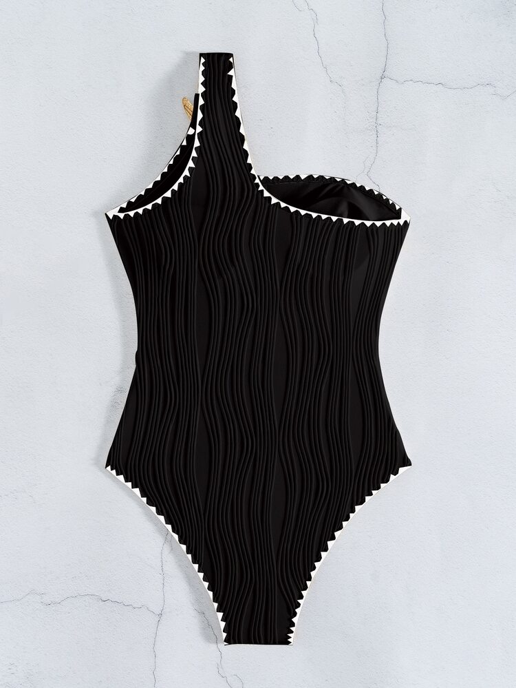 Swim Basics Women's Sexy Off-Shoulder Shell Ruffle Starfish Decor One Piece Swimsuit, Fitted Beach Holiday For Summer Beach Vacation - Black - View 4