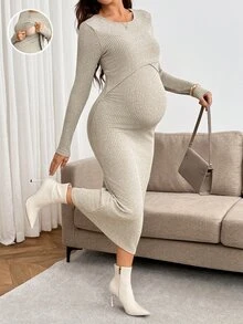 SHEIN Women's Solid Color Round Neck Nursing Function Casual Daily Summer Dress Fall - Khaki - View 1