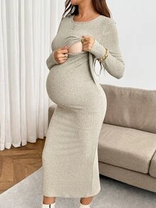 SHEIN Women's Solid Color Round Neck Nursing Function Casual Daily Summer Dress Fall - Khaki - View 8