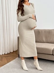 SHEIN Women's Solid Color Round Neck Nursing Function Casual Daily Summer Dress Fall - Khaki - View 7