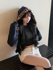 FRIFUL Áo nỉ hoodie nữ họa tiết chữ phong cách thường ngày, phối patchwork lông xù, mặc mùa thu - Màu xanh hải quân - Xem 5