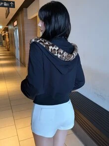 FRIFUL Áo nỉ hoodie nữ họa tiết chữ phong cách thường ngày, phối patchwork lông xù, mặc mùa thu - Màu xanh hải quân - Xem 2