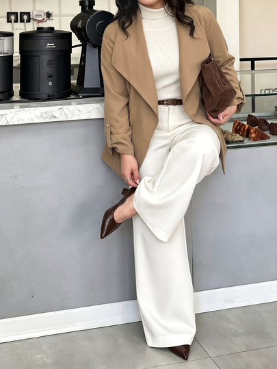 Easura Plus Size Khaki Short Trench Coat Jacket, Plus Size Open Front Silhouette With Large Lapel And Roll-Up Cuffs, Minimalist Casual Outerwear For Commuting, Shopping, Dating And Daily Wear