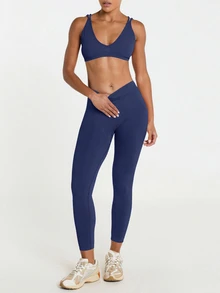 11SKNDS High-Waist Seamless Ribbed Leggings With Sculpting Seam Detail And Cropped 7/8 Length With Sweat-Wicking, Stretchy, Buttery-Soft, Tummy Control & Butt-Lifting, For Gym Workout Fitness Yoga Pilates Studio, Running, Training & Hy-Rox - Navy Blue - View 3