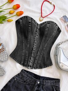 Soleia Women's Fashionable Versatile Strapless Denim Top - Black - View 5