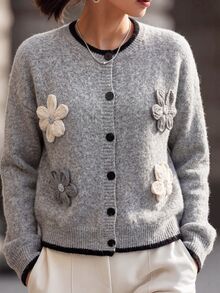 Zayélia Women's 3D Floral Decor Casual Versatile Daily Wear Cardigan - Grey - View 4