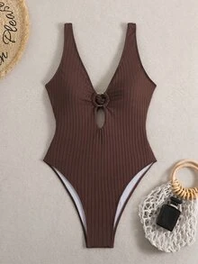 Swim Vcay 新款女款夏季細肩帶珠飾露背紋理面料深V領性感海灘度假連身泳衣 - 咖啡棕 - 查看 3