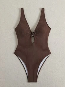 Swim Vcay 新款女款夏季細肩帶珠飾露背紋理面料深V領性感海灘度假連身泳衣 - 咖啡棕 - 查看 4