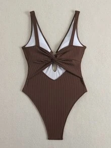 Swim Vcay 新款女款夏季細肩帶珠飾露背紋理面料深V領性感海灘度假連身泳衣 - 咖啡棕 - 查看 2