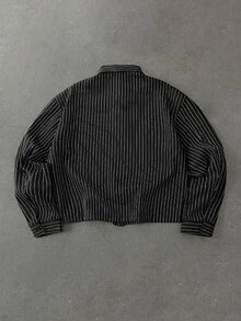 ROMWE MEN 男士寬鬆條紋長袖襯衫，附書法印花 - 黑色 - 查看 3