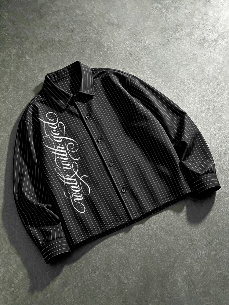 ROMWE MEN Men's Loose Striped Long Sleeve Shirt With Calligraphy Print - Black - View 1