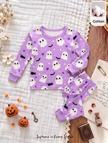 SHEIN Baby Girl Halloween Pattern Glow-In-The-Dark Cute Cartoon Ghost Print Fitted Loungewear - Dusty Purple - View 3