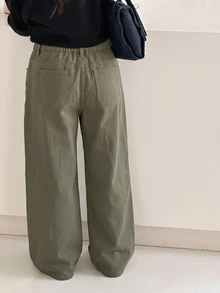 Tween Girl Wide Leg Loose Casual Versatile Denim Jeans With Pockets - Army Green - View 2