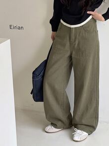 Tween Girl Wide Leg Loose Casual Versatile Denim Jeans With Pockets - Army Green - View 3