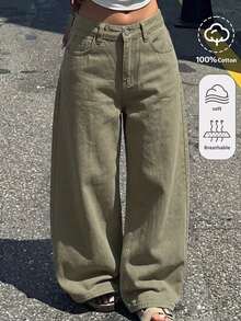 Tween Girl Wide Leg Loose Casual Versatile Denim Jeans With Pockets - Army Green - View 1