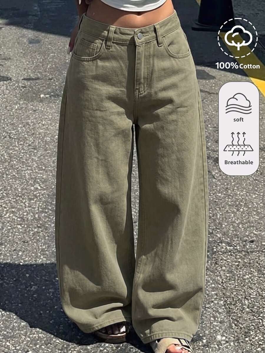 Tween Girl Wide Leg Loose Casual Versatile Denim Jeans With Pockets - Army Green - View 1