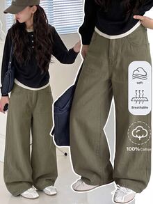 Tween Girl Wide Leg Loose Casual Versatile Denim Jeans With Pockets - Army Green - View 4