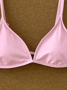 SHEIN Swim 女士纯色三角杯低腰比基尼泳衣套装，夏季沙滩装 - 粉色 - 查看 4