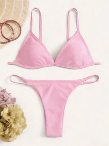 SHEIN Swim 女士纯色三角杯低腰比基尼泳衣套装，夏季沙滩装 - 粉色 - 查看 3