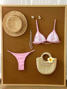 SHEIN Swim 女士纯色三角杯低腰比基尼泳衣套装，夏季沙滩装 - 粉色 - 查看 2