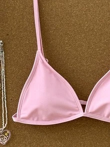 SHEIN Swim 女士纯色三角杯低腰比基尼泳衣套装，夏季沙滩装 - 粉色 - 查看 5