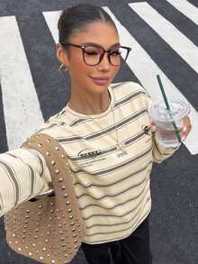 Muchica Women's Knit Striped Loose Long Sleeve T-Shirt - Apricot - View 5