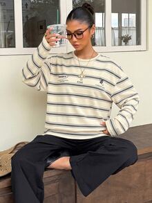 Muchica Women's Knit Striped Loose Long Sleeve T-Shirt - Apricot - View 3