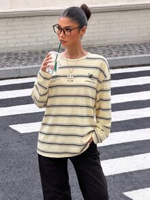 Muchica Women's Knit Striped Loose Long Sleeve T-Shirt - Apricot - View 4