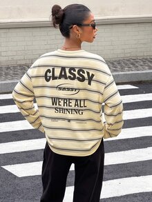 Muchica Women's Knit Striped Loose Long Sleeve T-Shirt - Apricot - View 2