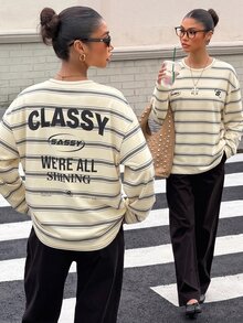 Muchica Women's Knit Striped Loose Long Sleeve T-Shirt - Apricot - View 1