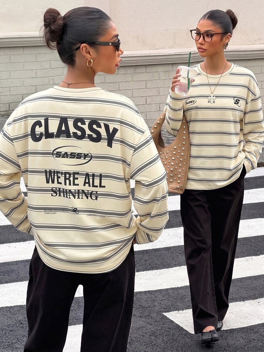 Muchica Women's Knit Striped Loose Long Sleeve T-Shirt - Apricot - View 1