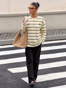 Muchica Women's Knit Striped Loose Long Sleeve T-Shirt - Apricot - View 6